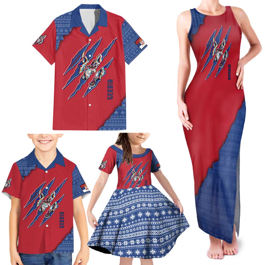 Serbia Family Matching Tank Maxi Dress and Hawaiian Shirt with Balkan Gray Wolf, Claw Marks, and Flag Sleeve Design