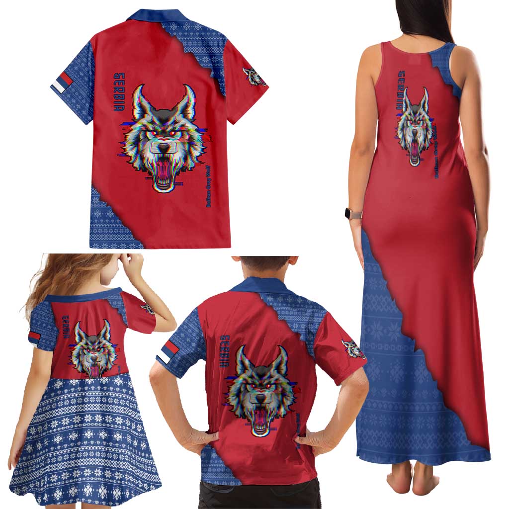 Serbia Family Matching Tank Maxi Dress and Hawaiian Shirt with Balkan Gray Wolf, Claw Marks, and Flag Sleeve Design