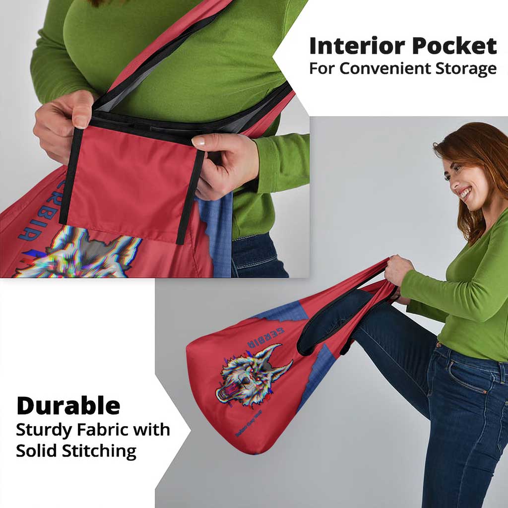 Serbia Grocery Bag with Balkan Gray Wolf, Claw Marks, and Flag Sleeve Design