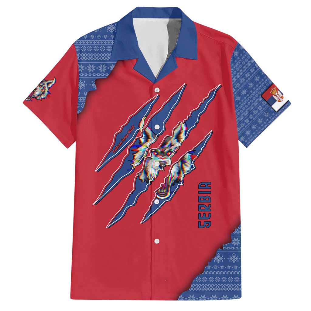 Serbia Hawaiian Shirt with Balkan Gray Wolf, Claw Marks, and Flag Sleeve Design