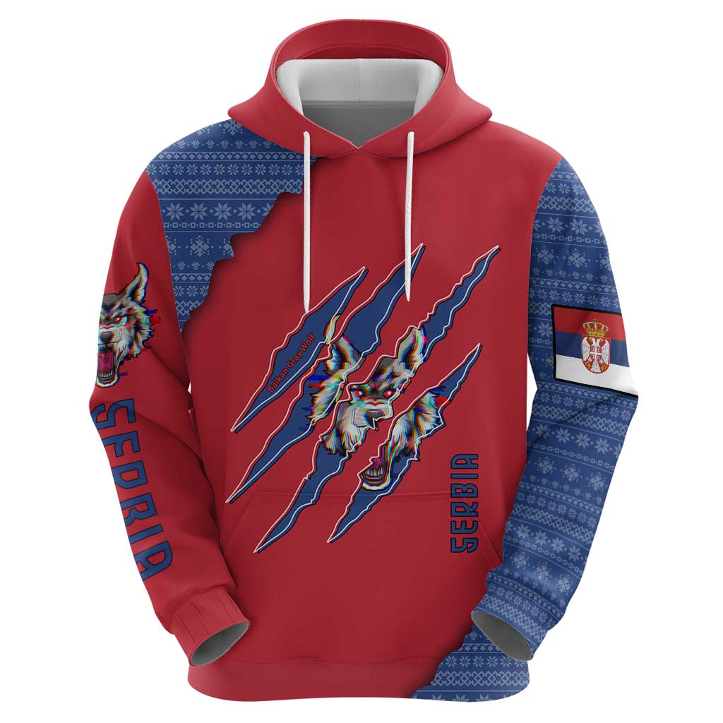 Serbia Hoodie with Balkan Gray Wolf, Claw Marks, and Flag Sleeve Design