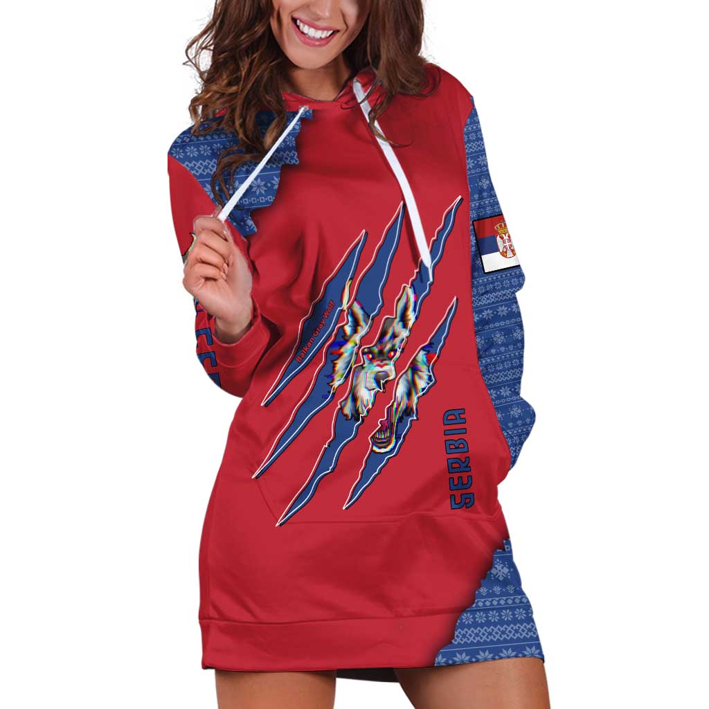 Serbia Hoodie Dress with Balkan Gray Wolf, Claw Marks, and Flag Sleeve Design