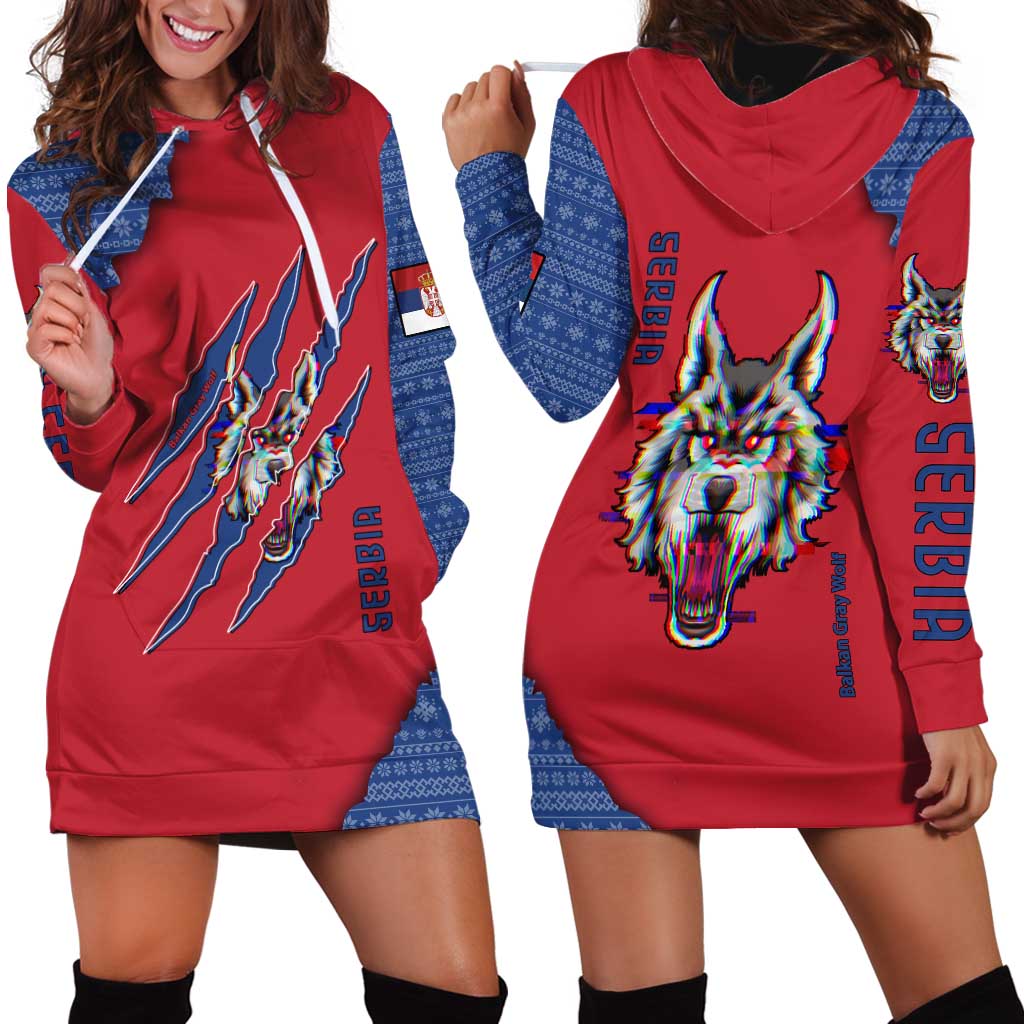 Serbia Hoodie Dress with Balkan Gray Wolf, Claw Marks, and Flag Sleeve Design
