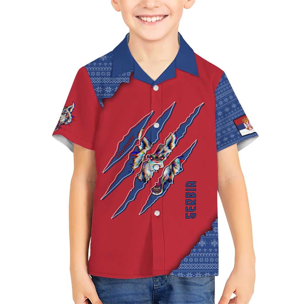 Serbia Kid Hawaiian Shirt with Balkan Gray Wolf, Claw Marks, and Flag Sleeve Design