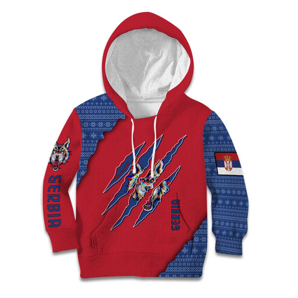 Serbia Kid Hoodie with Balkan Gray Wolf, Claw Marks, and Flag Sleeve Design