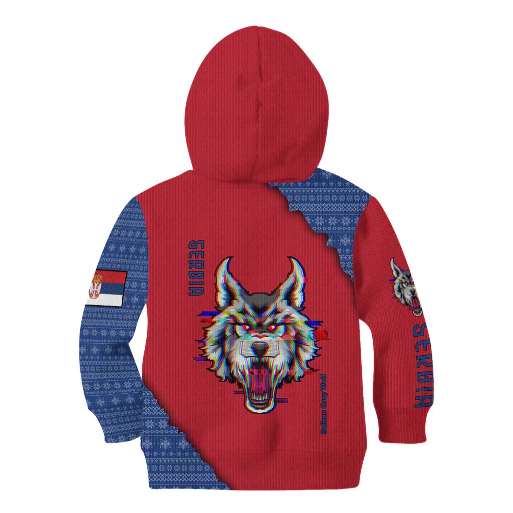 Serbia Kid Hoodie with Balkan Gray Wolf, Claw Marks, and Flag Sleeve Design