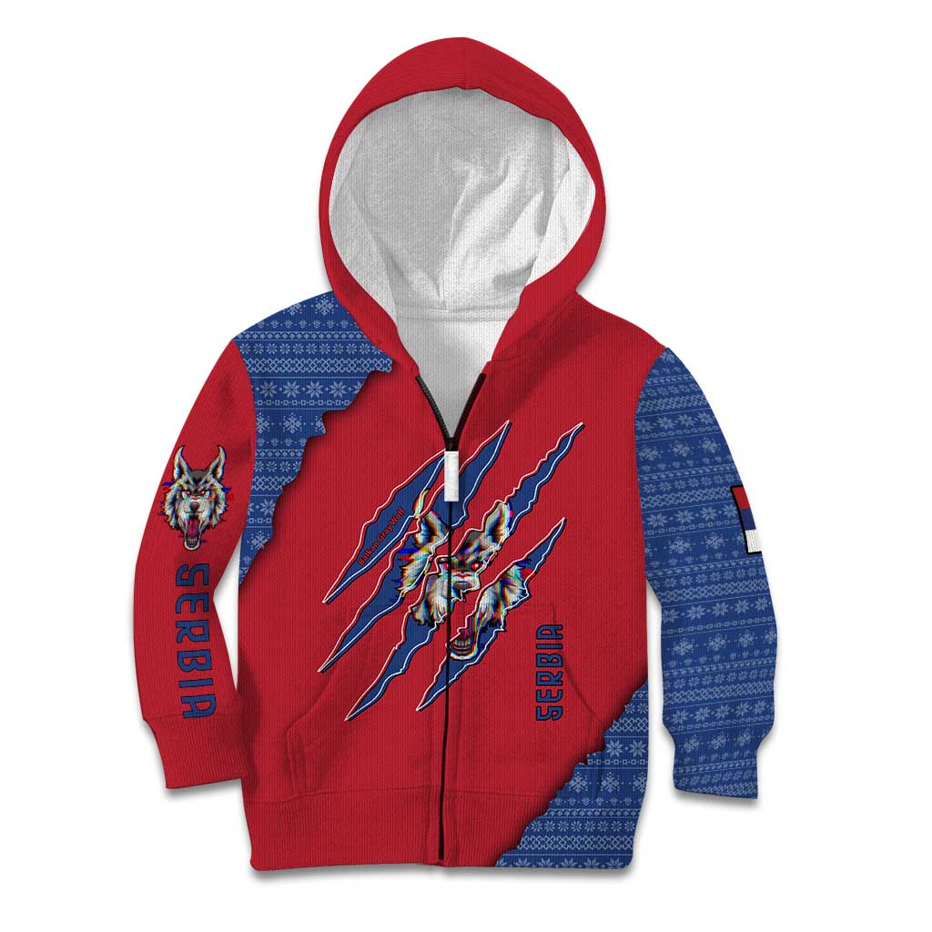 Serbia Kid Hoodie with Balkan Gray Wolf, Claw Marks, and Flag Sleeve Design