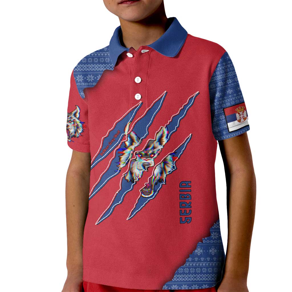 Serbia Kid Polo Shirt with Balkan Gray Wolf, Claw Marks, and Flag Sleeve Design