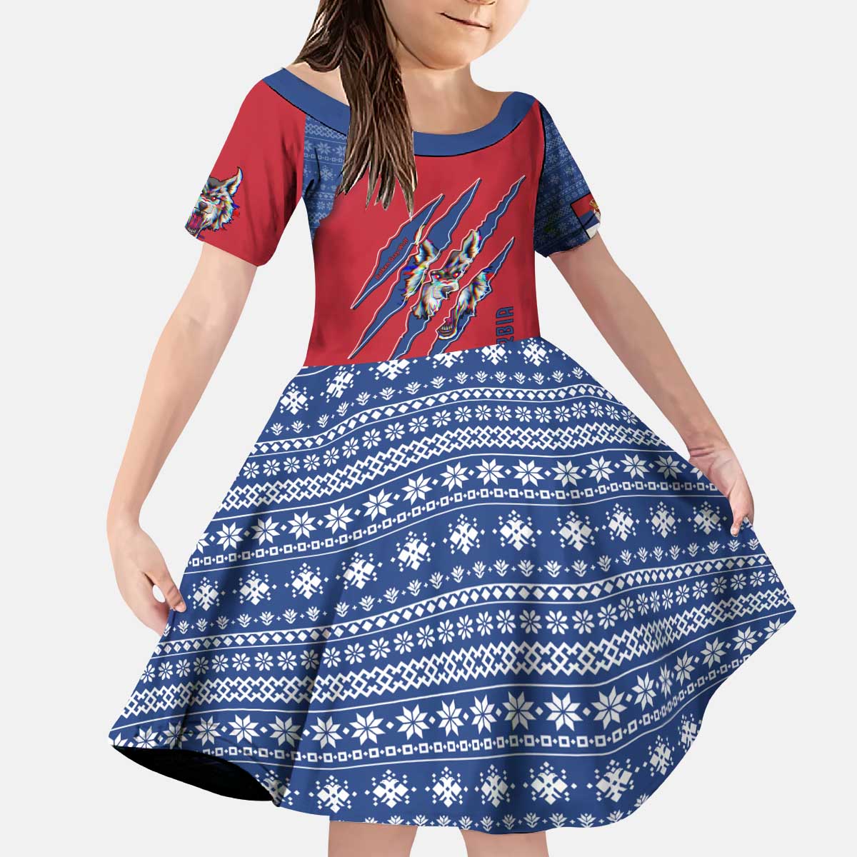 Serbia Kid Short Sleeve Dress with Balkan Gray Wolf, Claw Marks, and Flag Sleeve Design