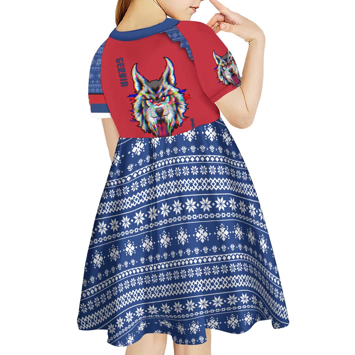 Serbia Kid Short Sleeve Dress with Balkan Gray Wolf, Claw Marks, and Flag Sleeve Design