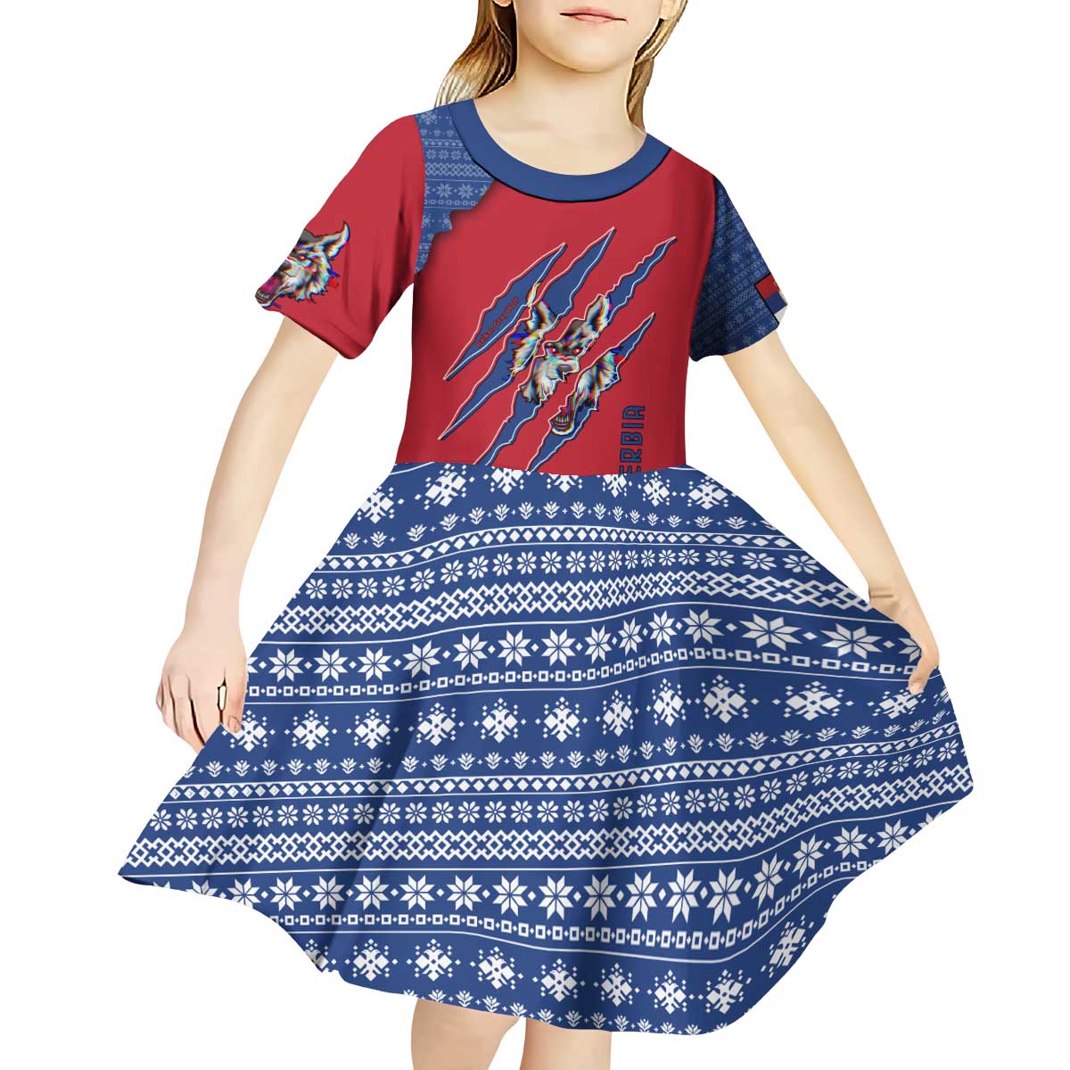 Serbia Kid Short Sleeve Dress with Balkan Gray Wolf, Claw Marks, and Flag Sleeve Design