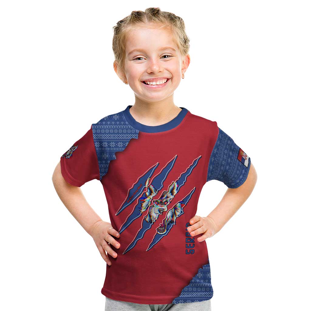 Serbia Kid T Shirt with Balkan Gray Wolf, Claw Marks, and Flag Sleeve Design