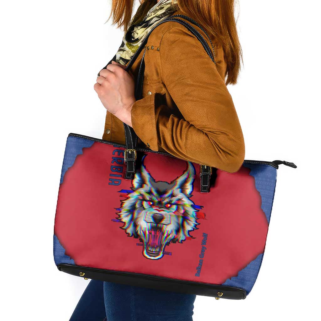 Serbia Leather Tote Bag with Balkan Gray Wolf, Claw Marks, and Flag Sleeve Design