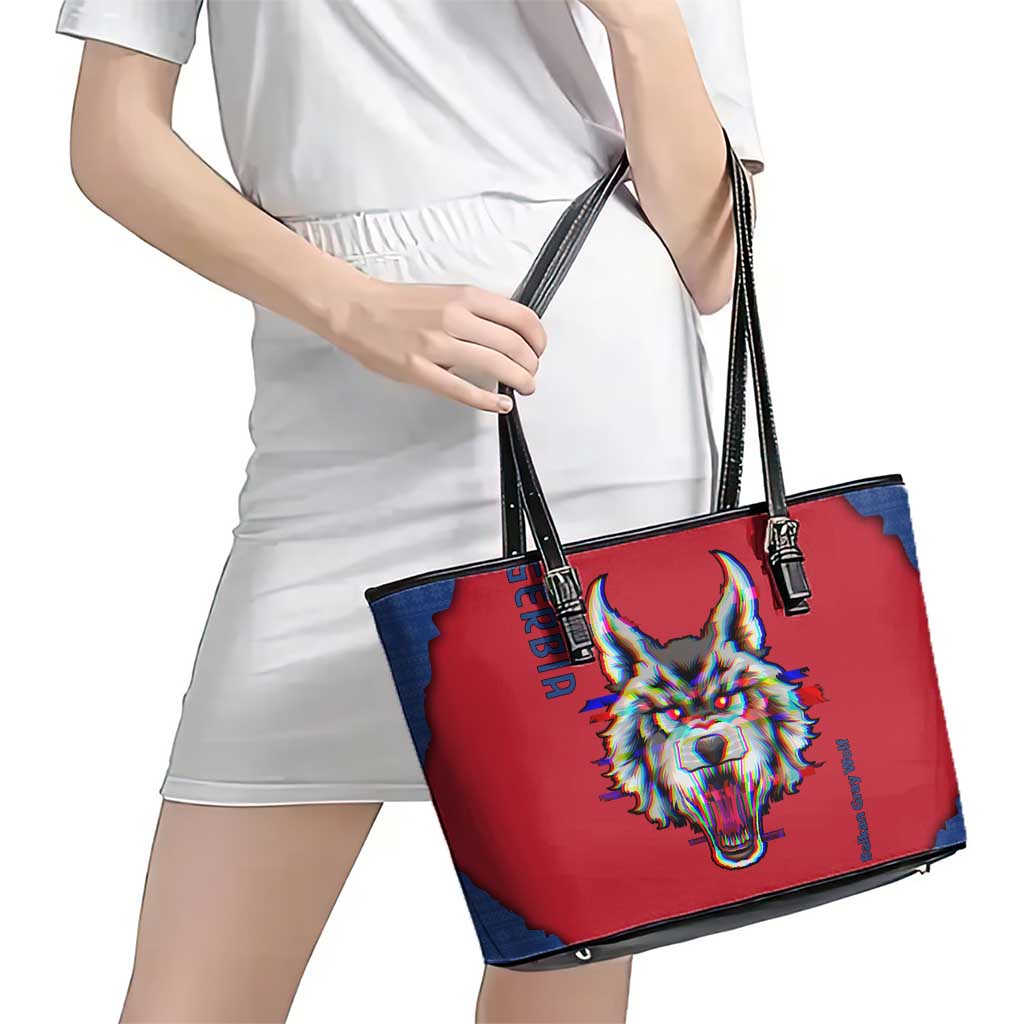 Serbia Leather Tote Bag with Balkan Gray Wolf, Claw Marks, and Flag Sleeve Design