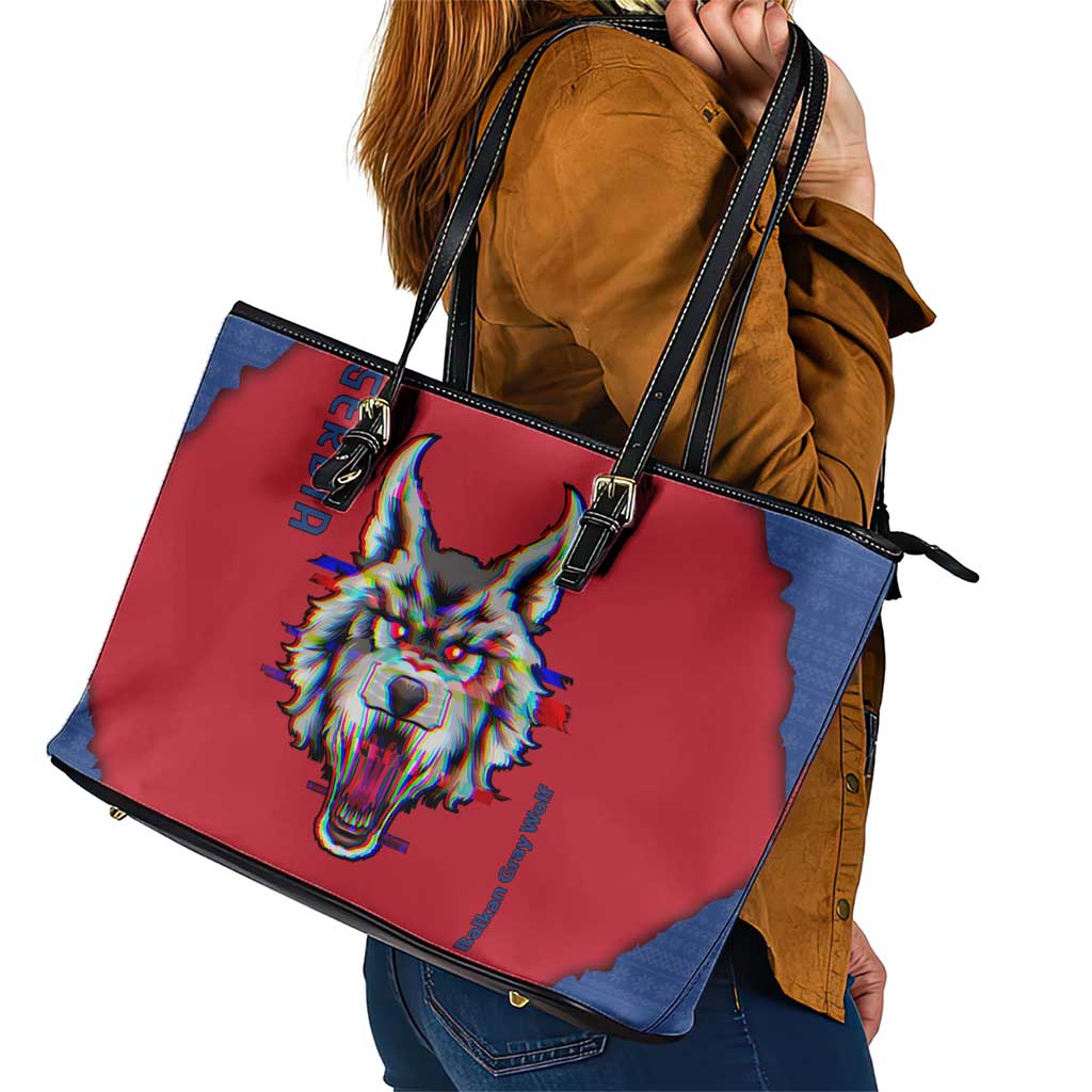 Serbia Leather Tote Bag with Balkan Gray Wolf, Claw Marks, and Flag Sleeve Design
