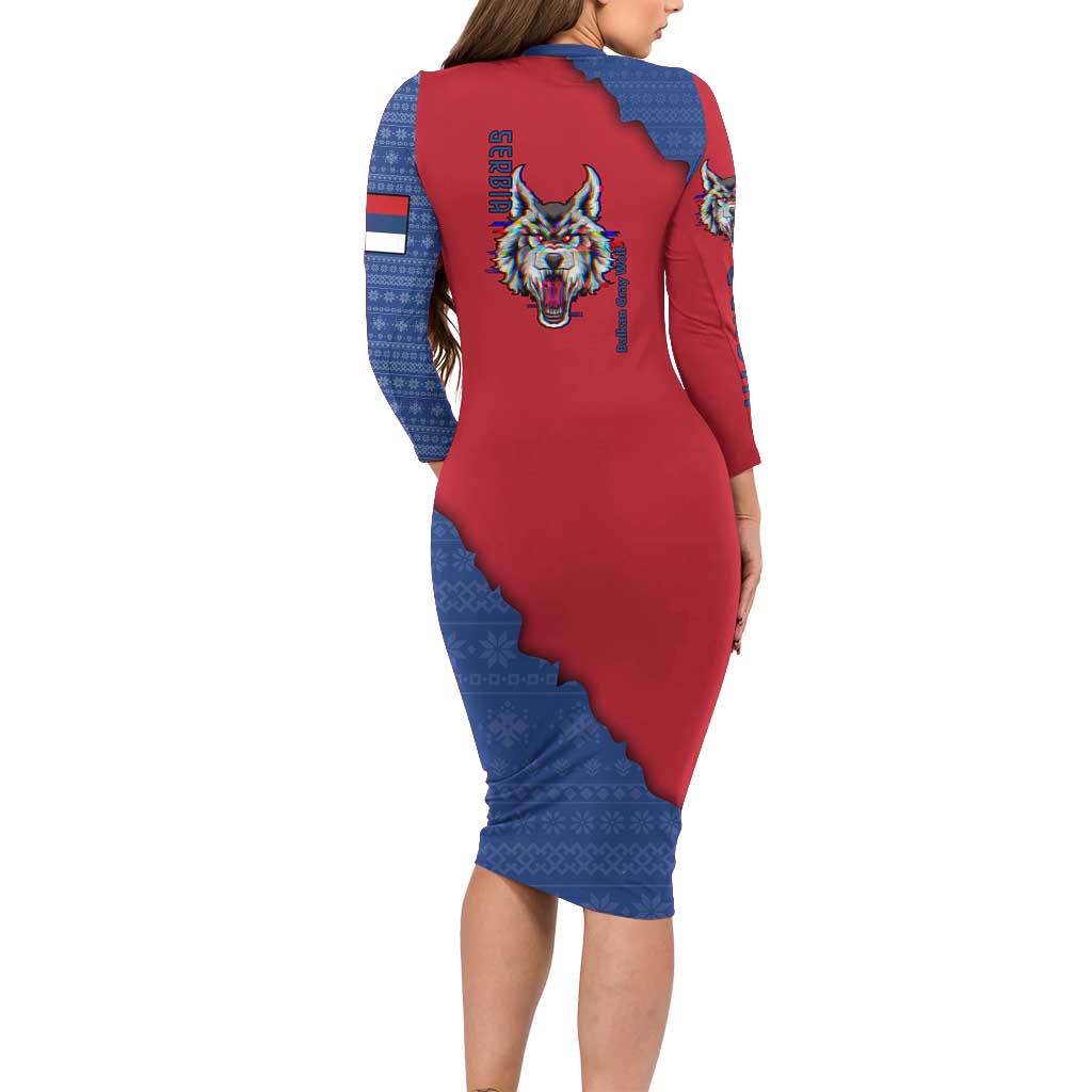 Serbia Long Sleeve Bodycon Dress with Balkan Gray Wolf, Claw Marks, and Flag Sleeve Design