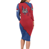 Serbia Long Sleeve Bodycon Dress with Balkan Gray Wolf, Claw Marks, and Flag Sleeve Design