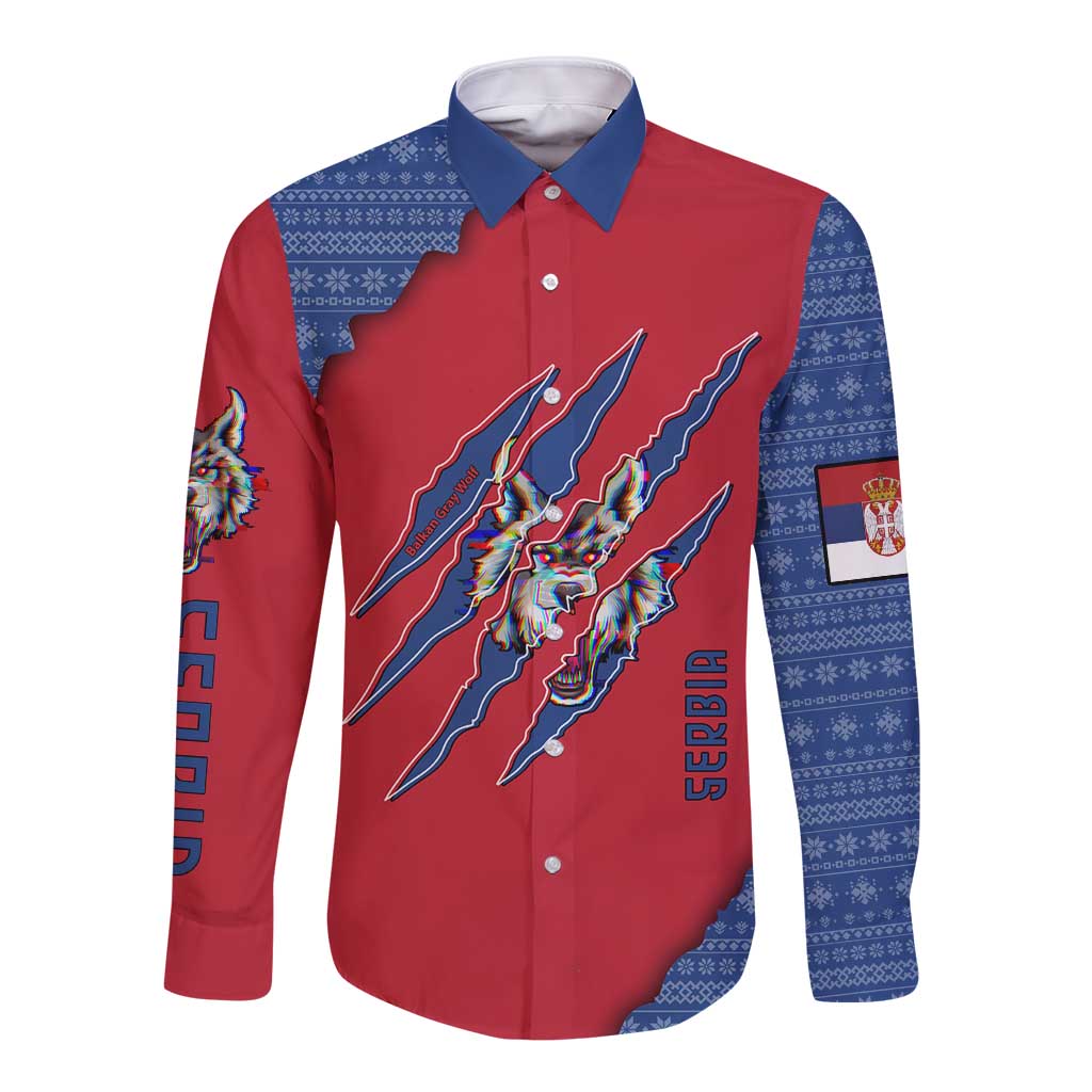 Serbia Long Sleeve Button Shirt with Balkan Gray Wolf, Claw Marks, and Flag Sleeve Design