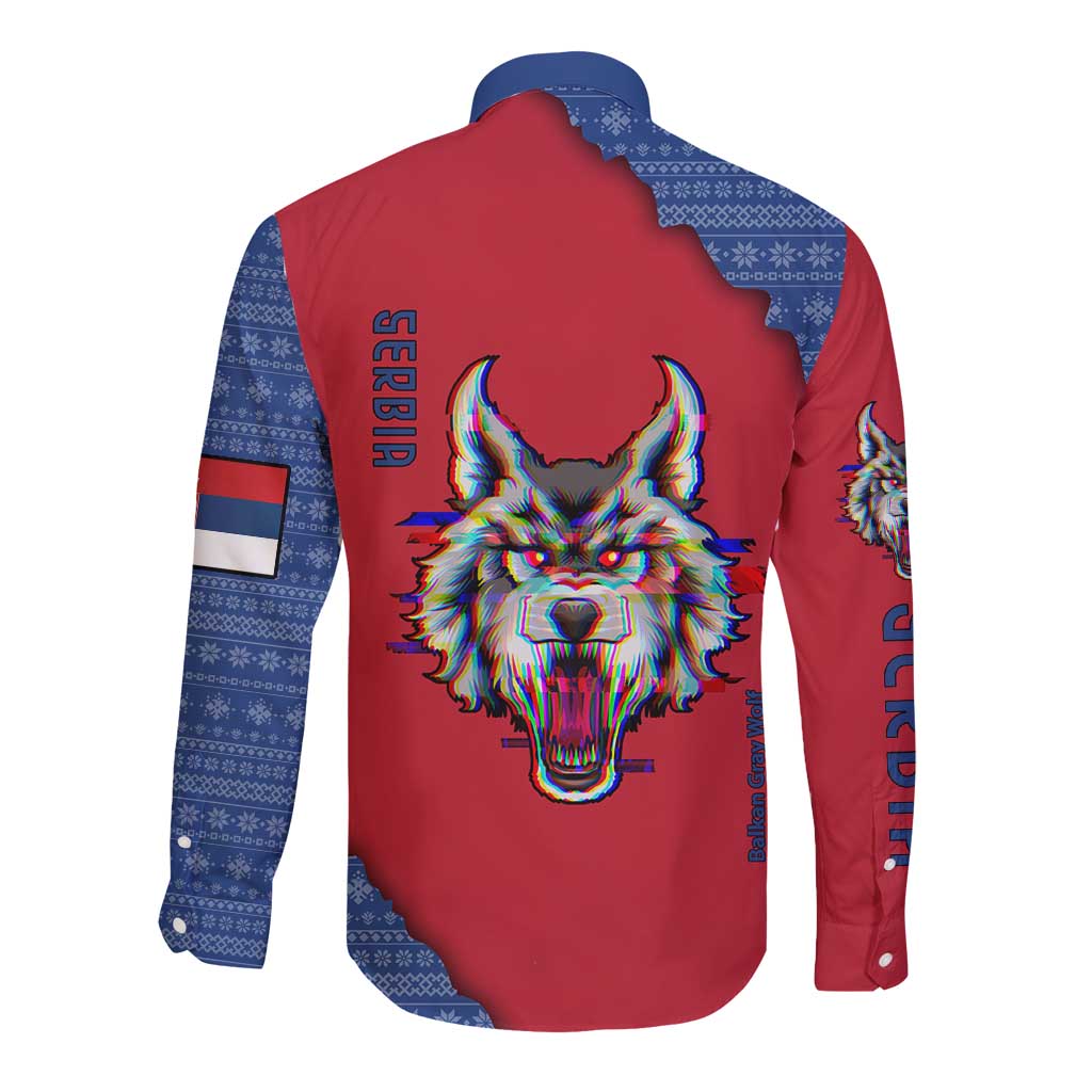 Serbia Long Sleeve Button Shirt with Balkan Gray Wolf, Claw Marks, and Flag Sleeve Design