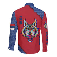 Serbia Long Sleeve Button Shirt with Balkan Gray Wolf, Claw Marks, and Flag Sleeve Design