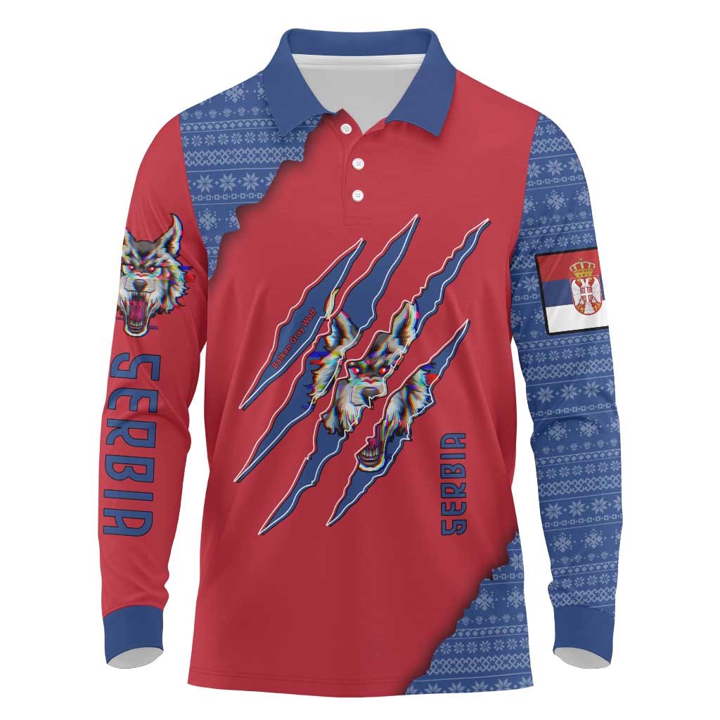 Serbia Long Sleeve Polo Shirt with Balkan Gray Wolf, Claw Marks, and Flag Sleeve Design