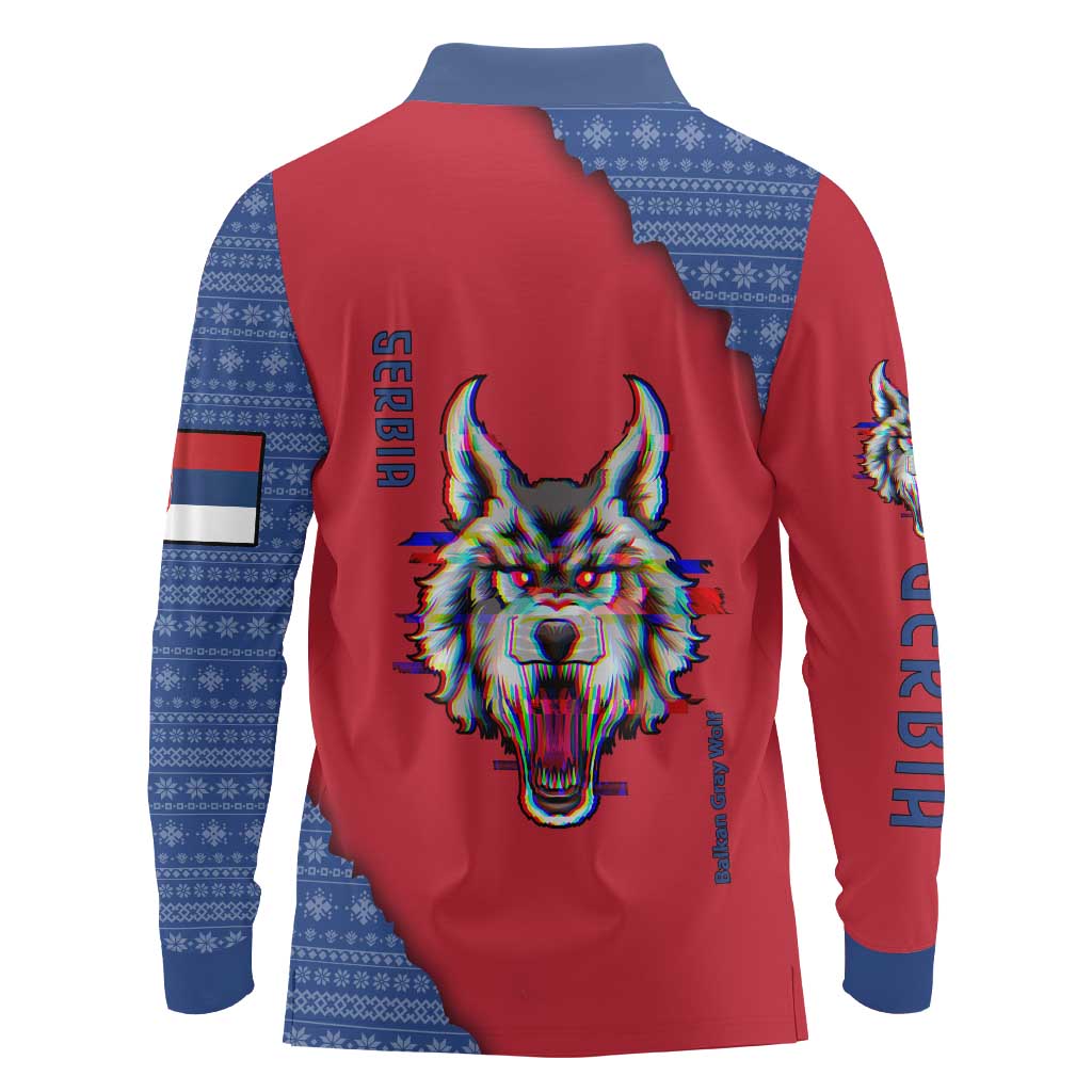 Serbia Long Sleeve Polo Shirt with Balkan Gray Wolf, Claw Marks, and Flag Sleeve Design