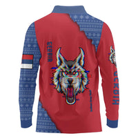 Serbia Long Sleeve Polo Shirt with Balkan Gray Wolf, Claw Marks, and Flag Sleeve Design