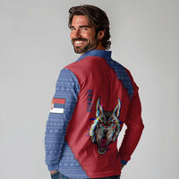 Serbia Long Sleeve Polo Shirt with Balkan Gray Wolf, Claw Marks, and Flag Sleeve Design