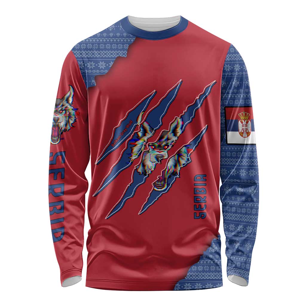 Serbia Long Sleeve Shirt with Balkan Gray Wolf, Claw Marks, and Flag Sleeve Design