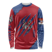 Serbia Long Sleeve Shirt with Balkan Gray Wolf, Claw Marks, and Flag Sleeve Design