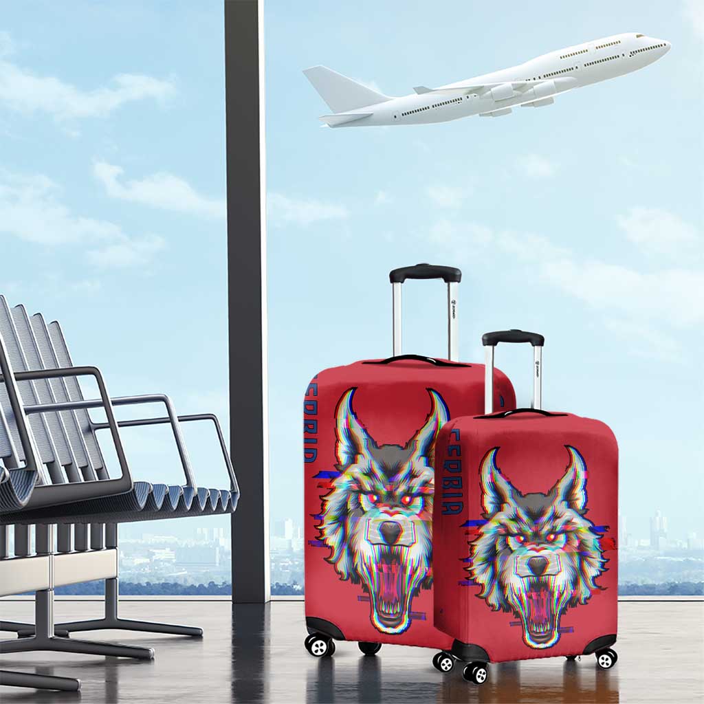 Serbia Luggage Cover with Balkan Gray Wolf, Claw Marks, and Flag Sleeve Design