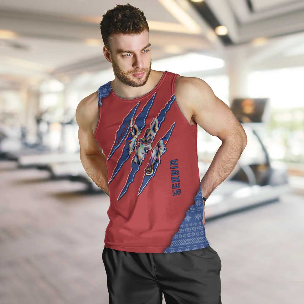 Serbia Men Tank Top with Balkan Gray Wolf, Claw Marks, and Flag Sleeve Design