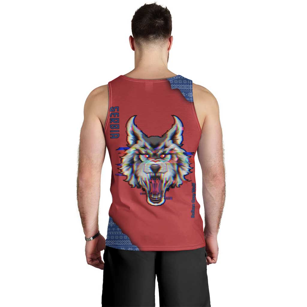 Serbia Men Tank Top with Balkan Gray Wolf, Claw Marks, and Flag Sleeve Design