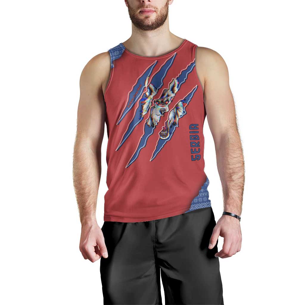 Serbia Men Tank Top with Balkan Gray Wolf, Claw Marks, and Flag Sleeve Design