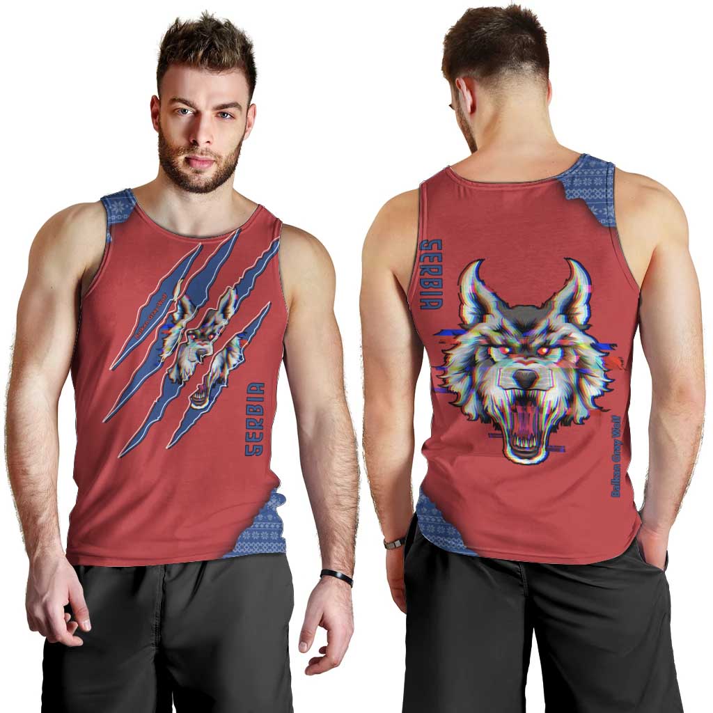 Serbia Men Tank Top with Balkan Gray Wolf, Claw Marks, and Flag Sleeve Design