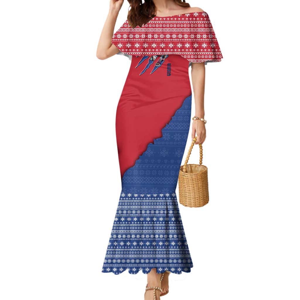 Serbia Mermaid Dress with Balkan Gray Wolf, Claw Marks, and Flag Sleeve Design