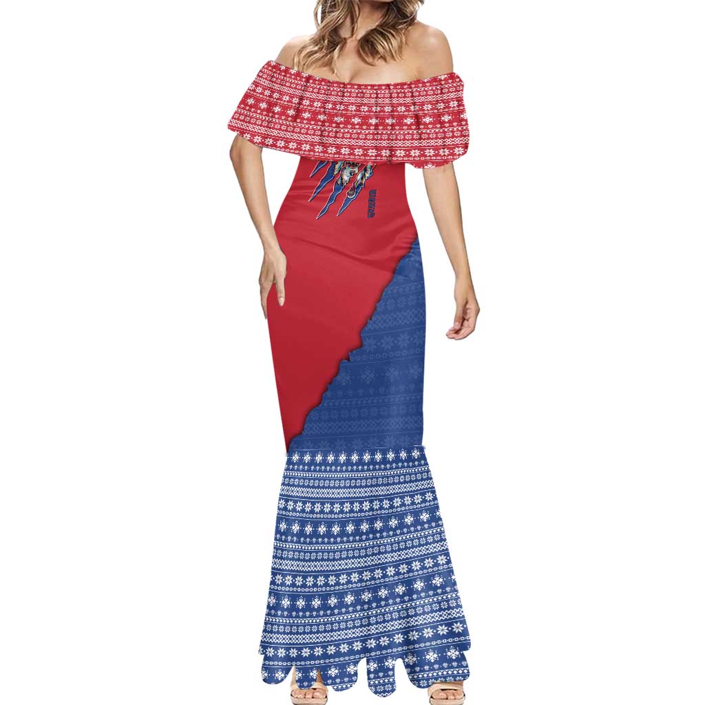 Serbia Mermaid Dress with Balkan Gray Wolf, Claw Marks, and Flag Sleeve Design