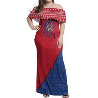 Serbia Off Shoulder Maxi Dress with Balkan Gray Wolf, Claw Marks, and Flag Sleeve Design