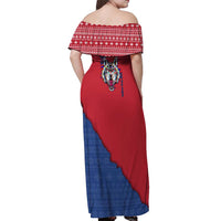 Serbia Off Shoulder Maxi Dress with Balkan Gray Wolf, Claw Marks, and Flag Sleeve Design