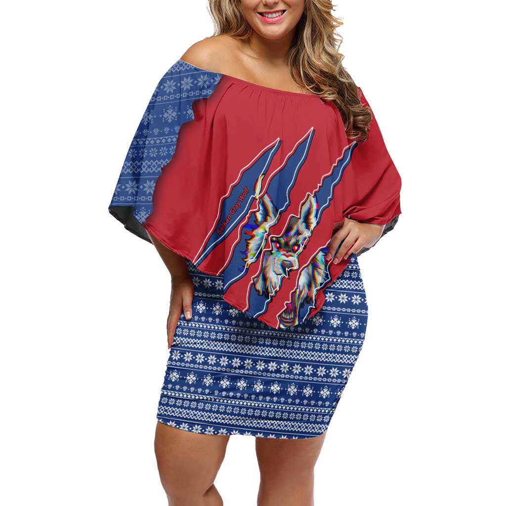 Serbia Off Shoulder Short Dress with Balkan Gray Wolf, Claw Marks, and Flag Sleeve Design