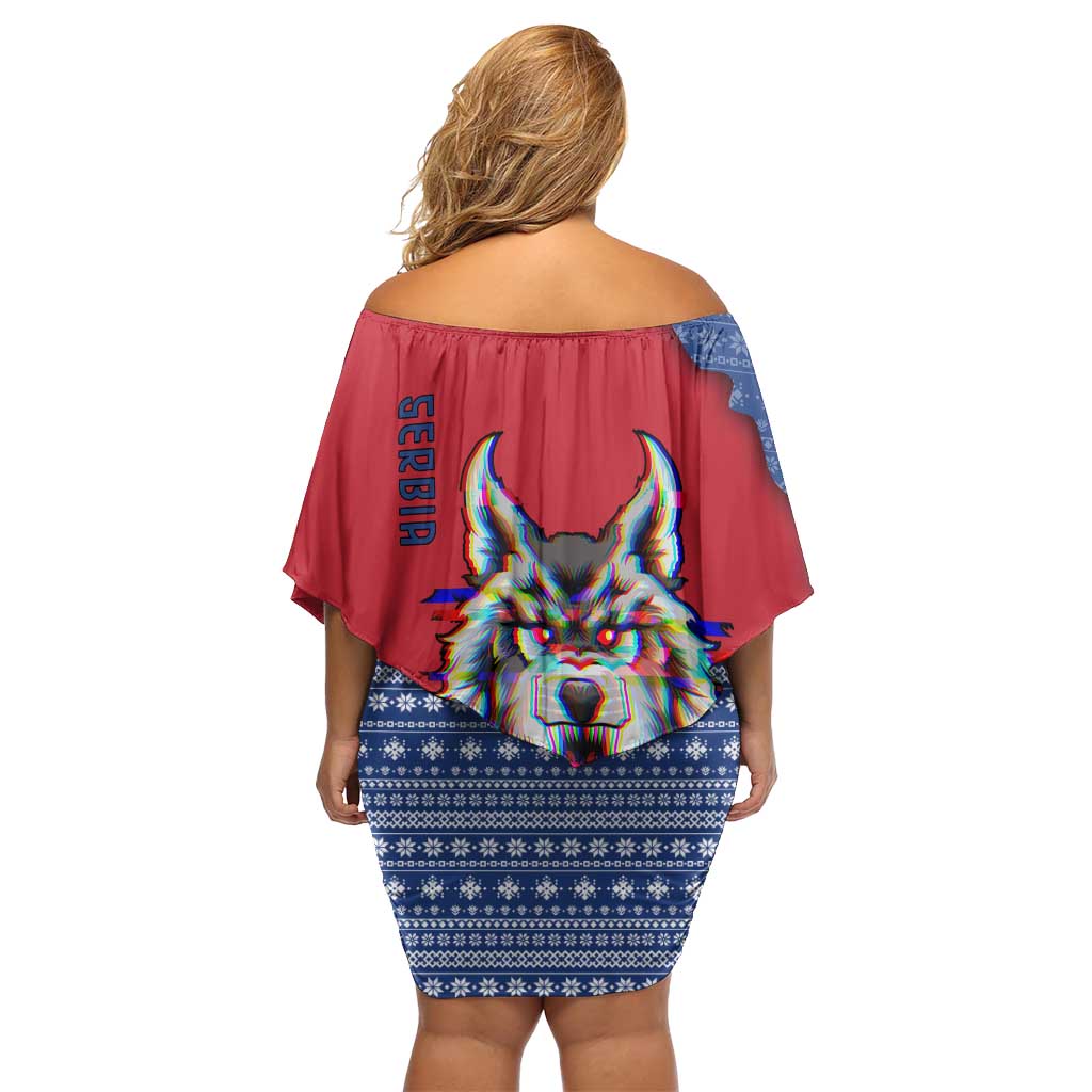 Serbia Off Shoulder Short Dress with Balkan Gray Wolf, Claw Marks, and Flag Sleeve Design