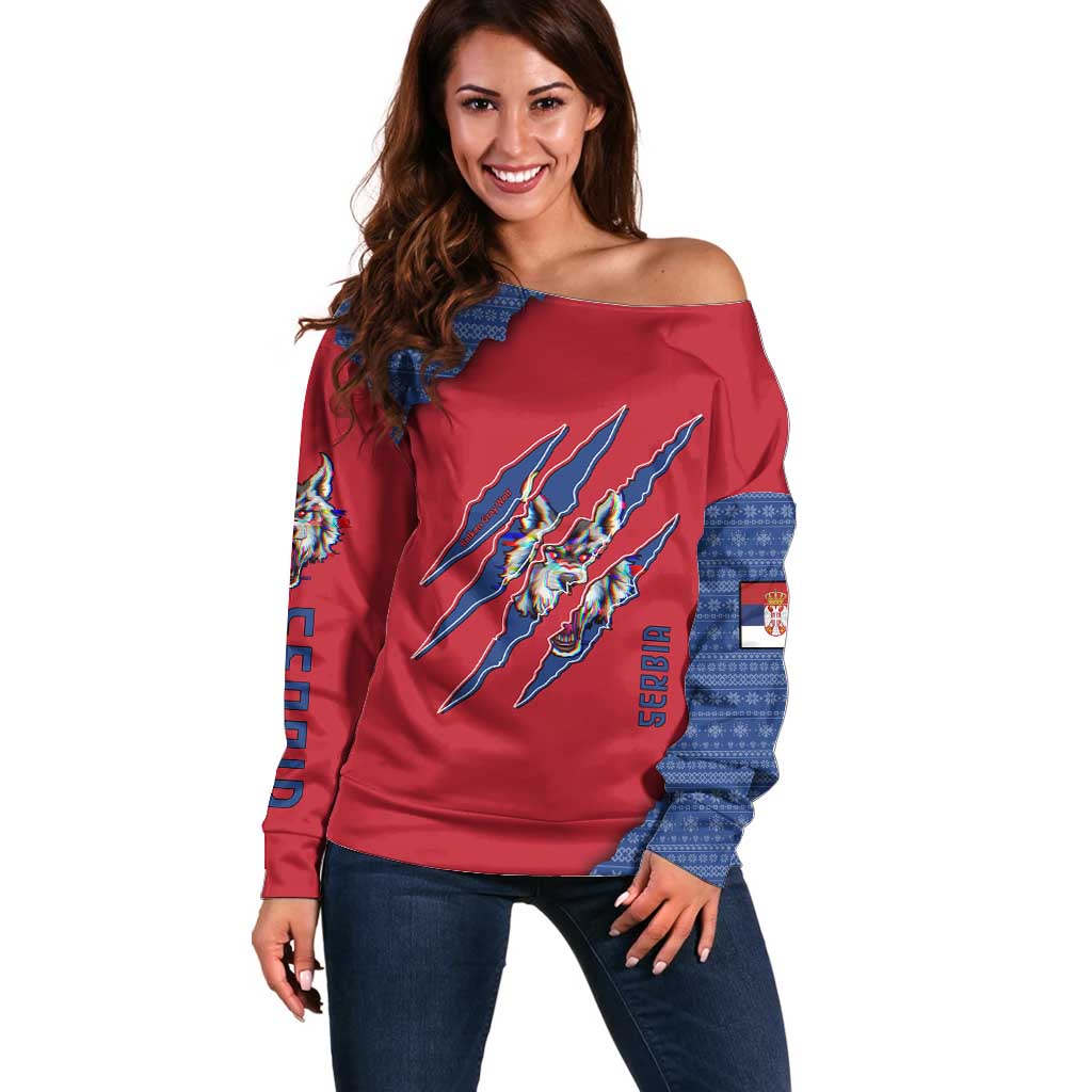 Serbia Off Shoulder Sweater with Balkan Gray Wolf, Claw Marks, and Flag Sleeve Design