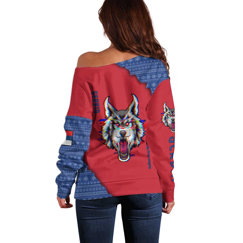 Serbia Off Shoulder Sweater with Balkan Gray Wolf, Claw Marks, and Flag Sleeve Design
