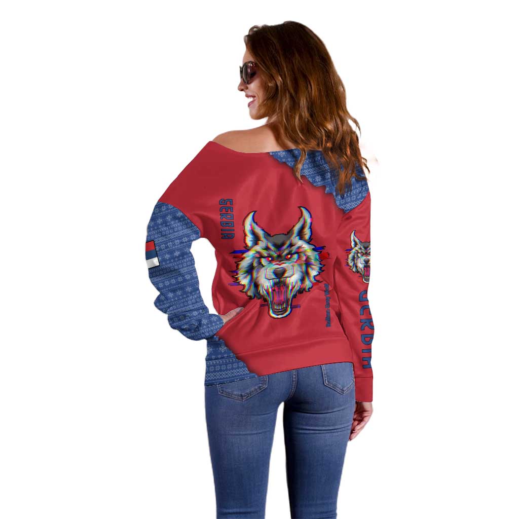 Serbia Off Shoulder Sweater with Balkan Gray Wolf, Claw Marks, and Flag Sleeve Design