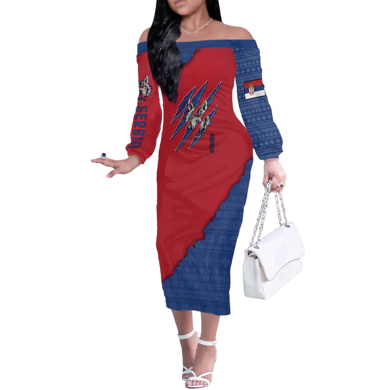 Serbia Off The Shoulder Long Sleeve Dress with Balkan Gray Wolf, Claw Marks, and Flag Sleeve Design