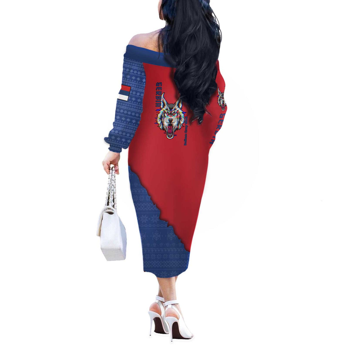 Serbia Off The Shoulder Long Sleeve Dress with Balkan Gray Wolf, Claw Marks, and Flag Sleeve Design
