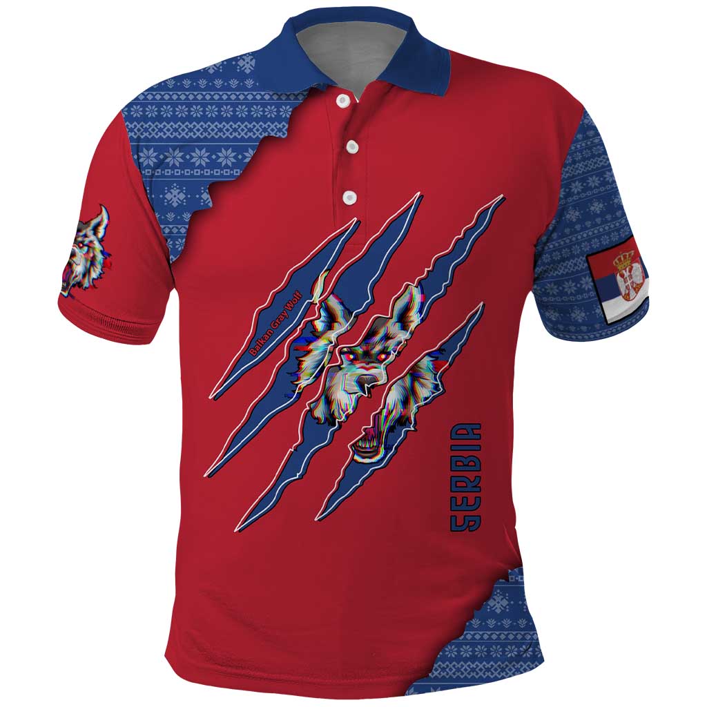 Serbia Polo Shirt with Balkan Gray Wolf, Claw Marks, and Flag Sleeve Design