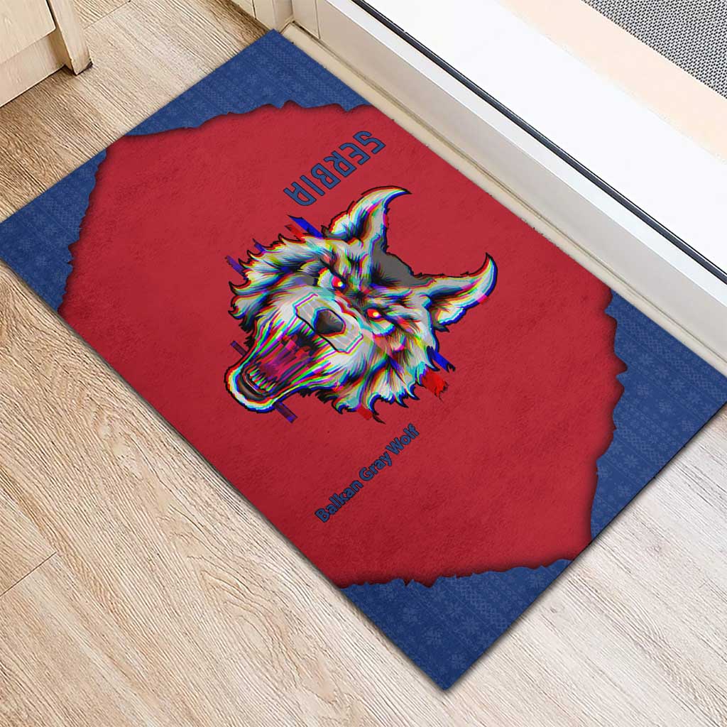 Serbia Rubber Doormat with Balkan Gray Wolf, Claw Marks, and Flag Sleeve Design