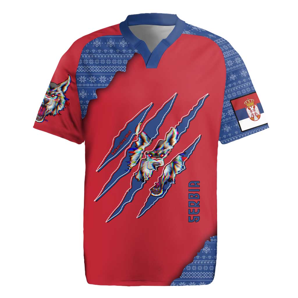 Serbia Rugby Jersey with Balkan Gray Wolf, Claw Marks, and Flag Sleeve Design