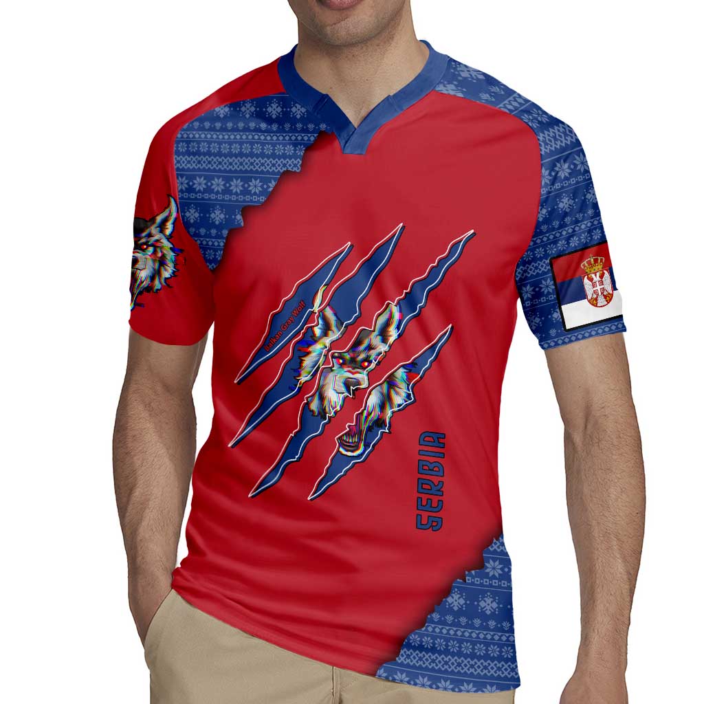 Serbia Rugby Jersey with Balkan Gray Wolf, Claw Marks, and Flag Sleeve Design